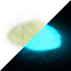 Glitter powder blue-green 50 g: small heap in daylight, split diagonally with blue glow in the dark