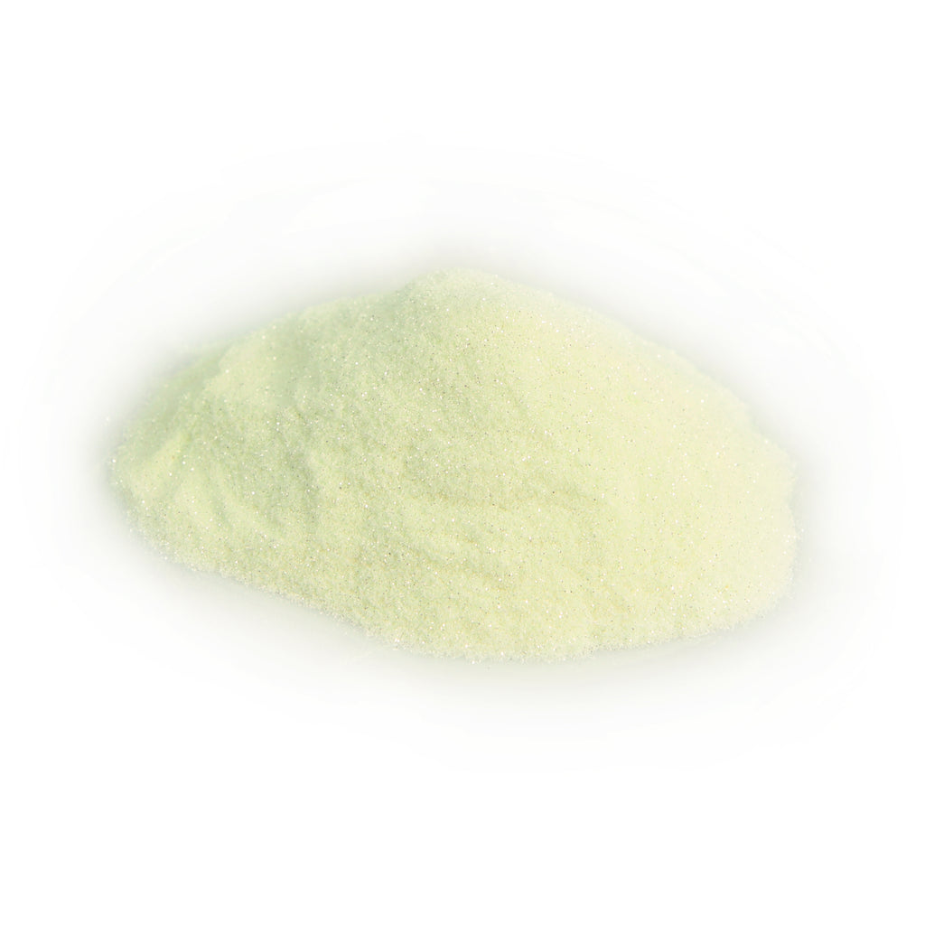 Glitter Powder Green 50 g: yellowish-white powder in daylight on a white background