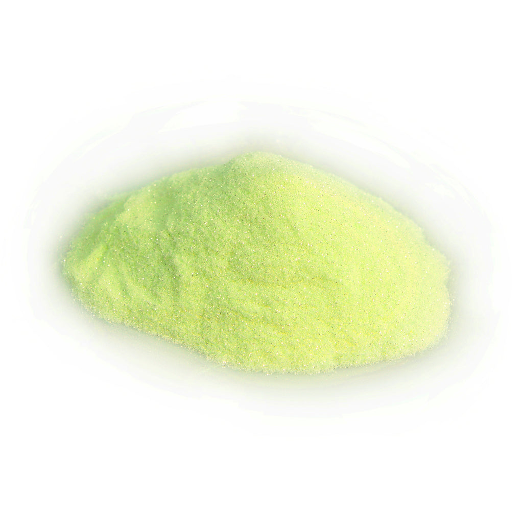 Glitter powder yellow 50 g: small heap in daylight, yellow-green with fine glitter particles