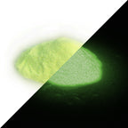 Glitter powder yellow 50 g: small heap in daylight, split diagonally with green glow in the dark