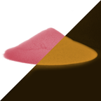 Glow powder Pink-Pink 40 g as a pile, split diagonally: pink in daylight on the left, glowing orange-yellow in the dark on the right
