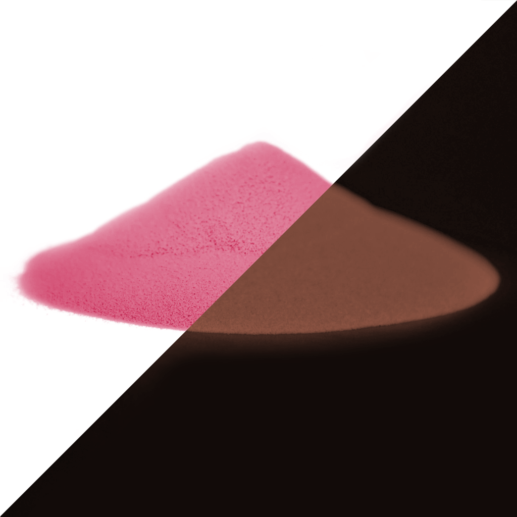 Glow in the Dark Powder Pink/Rose-Red 40 g: pink powder by day, faint reddish glow in the dark (split)