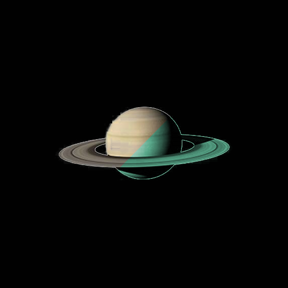 Planet sticker Saturn 30 cm with rings, half in light and half glowing green in the dark