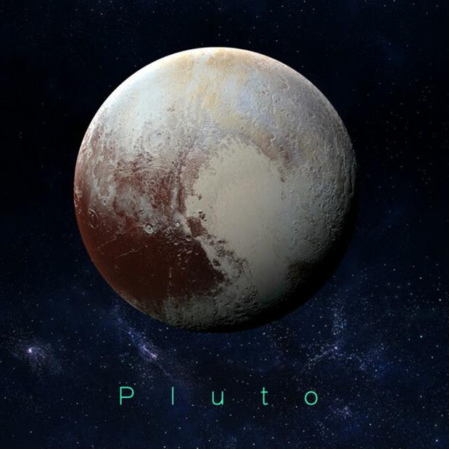 Planet Sticker Pluto 30 cm: Pluto against a starry sky with the lettering Pluto