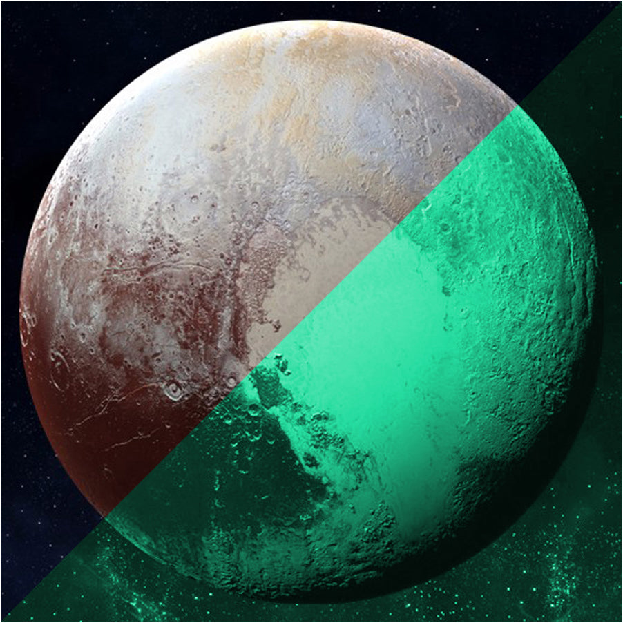 Planet Sticker Pluto 30 cm: Pluto split diagonally: brown and beige in light, glowing green in the dark