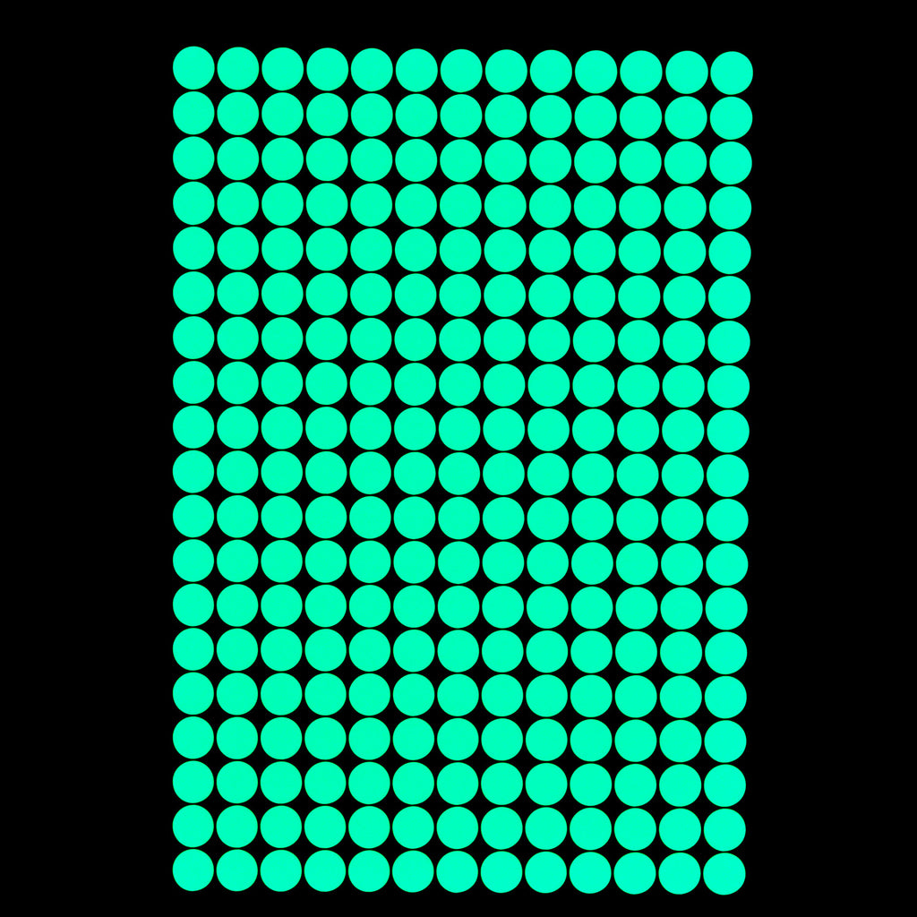 Glow dots 1.5 cm, one sheet of 257 dots glowing green in the dark on a black background