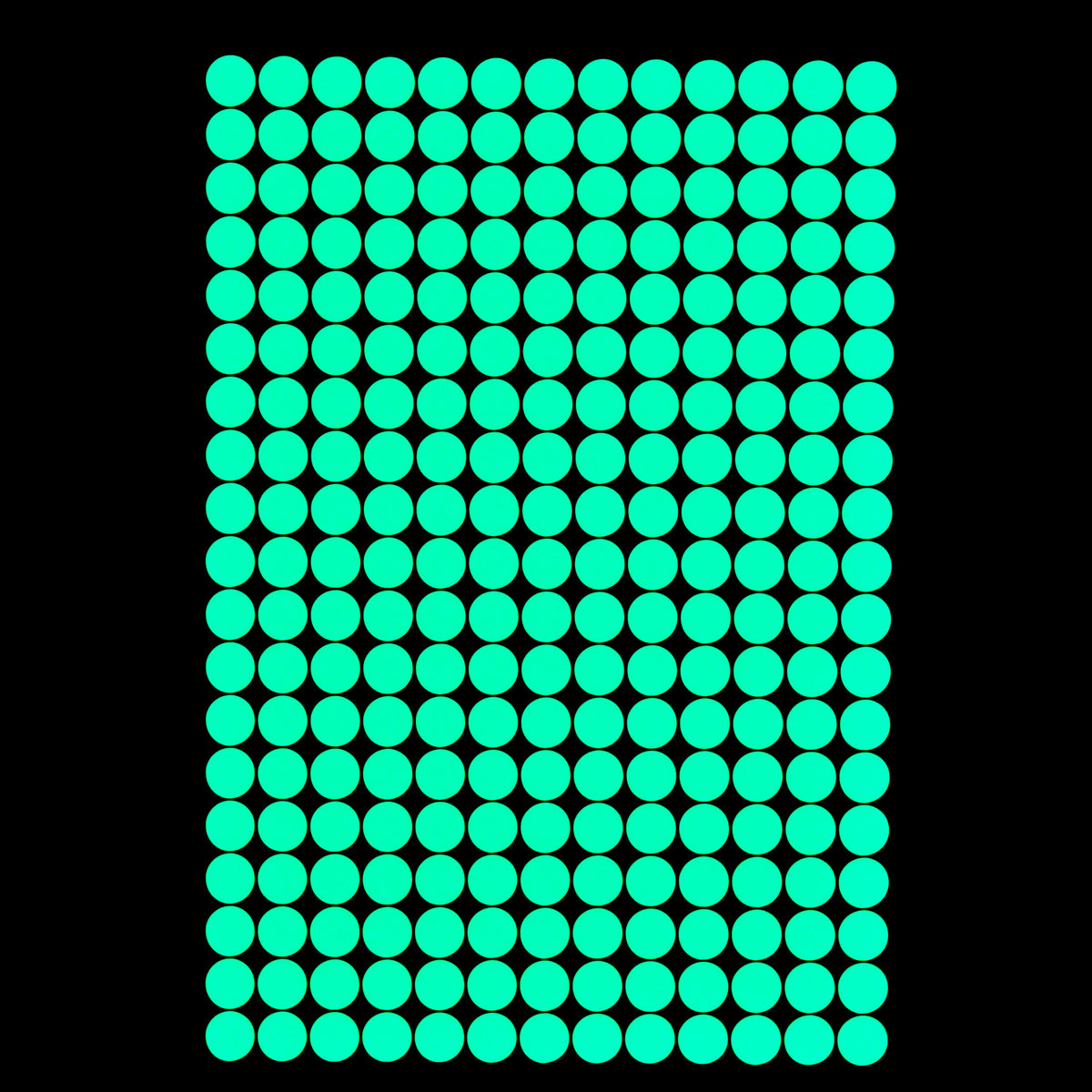 Glow dots 1.5 cm, one sheet of 257 dots glowing green in the dark on a black background