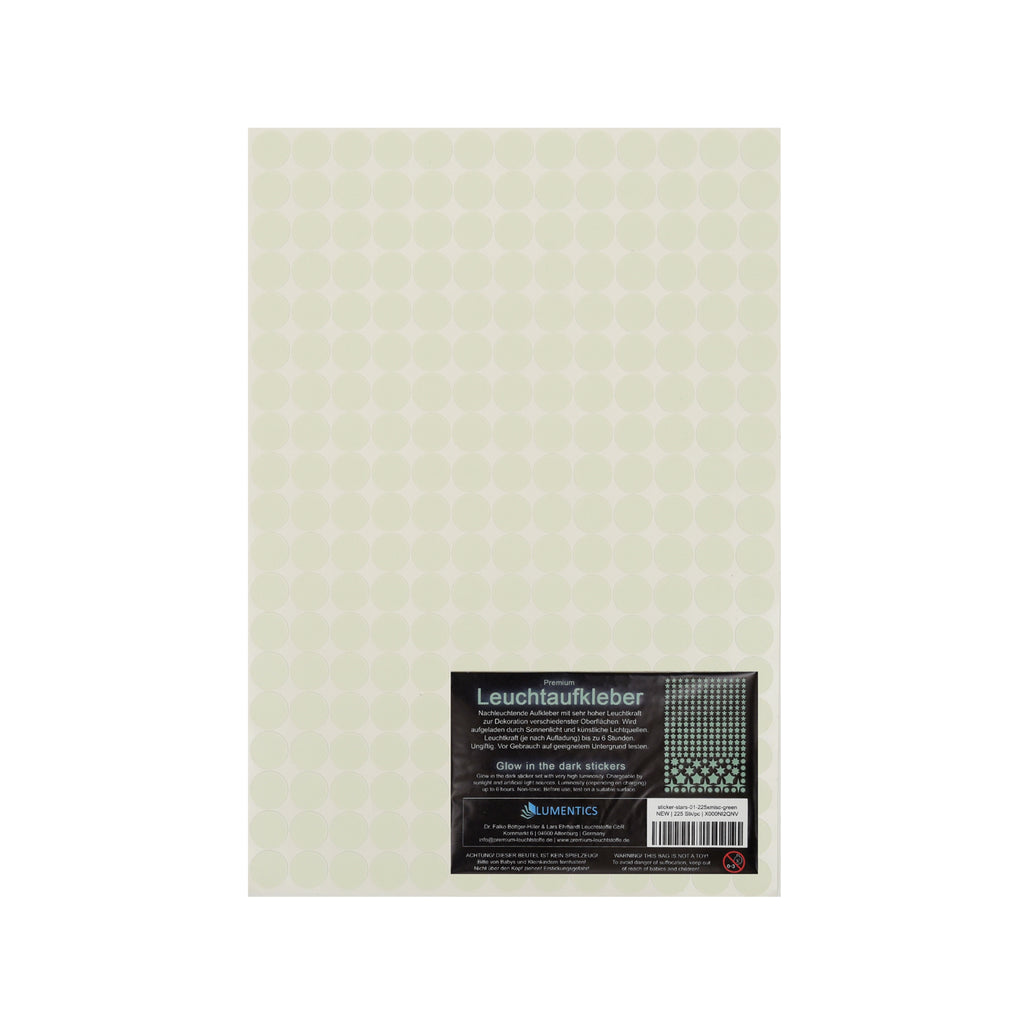 Glow dots 1.5 cm, sticker sheet with black packaging label