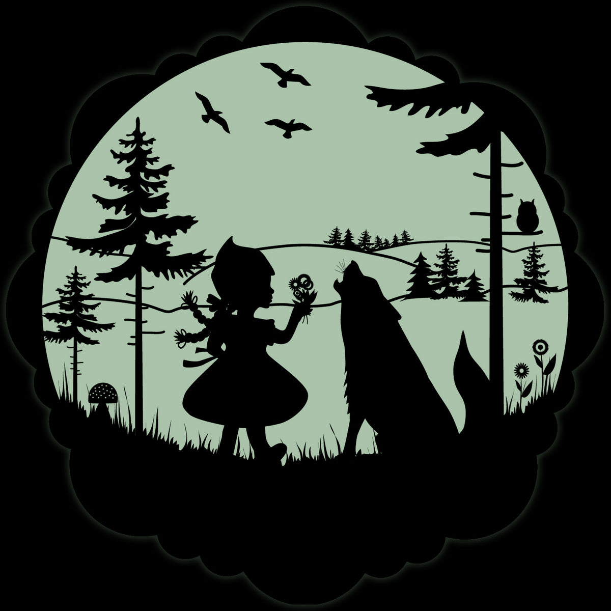 Fairy-Tale Sticker Little Red Riding Hood 30 cm in the dark: silhouette of Little Red Riding Hood and the wolf, greenish glowing moon