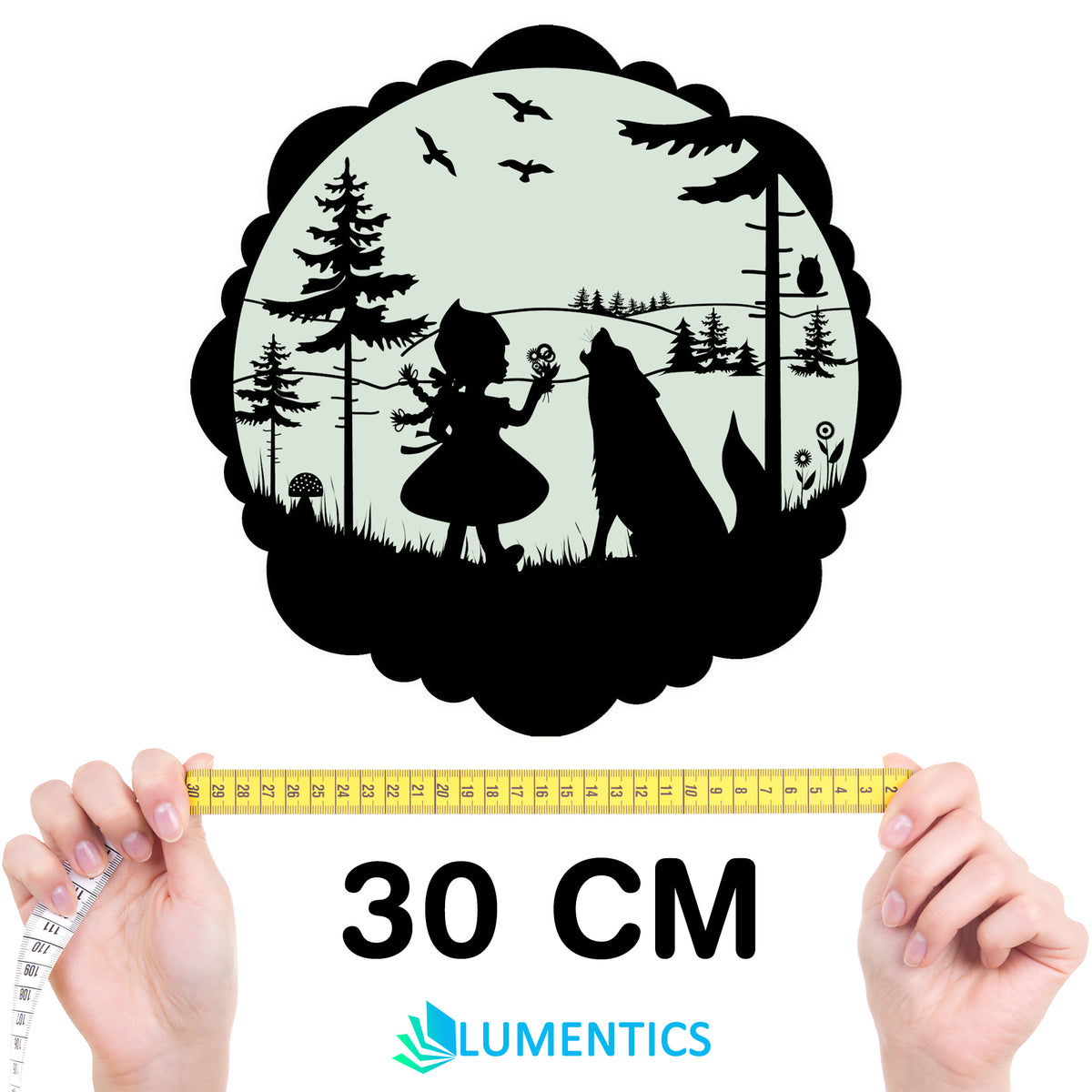Fairy-Tale Sticker Little Red Riding Hood in daylight, size comparison: tape measure showing a 30 cm diameter