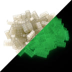 Building bricks 2x4 transparent: pile in daylight, split diagonally with green glow in the dark