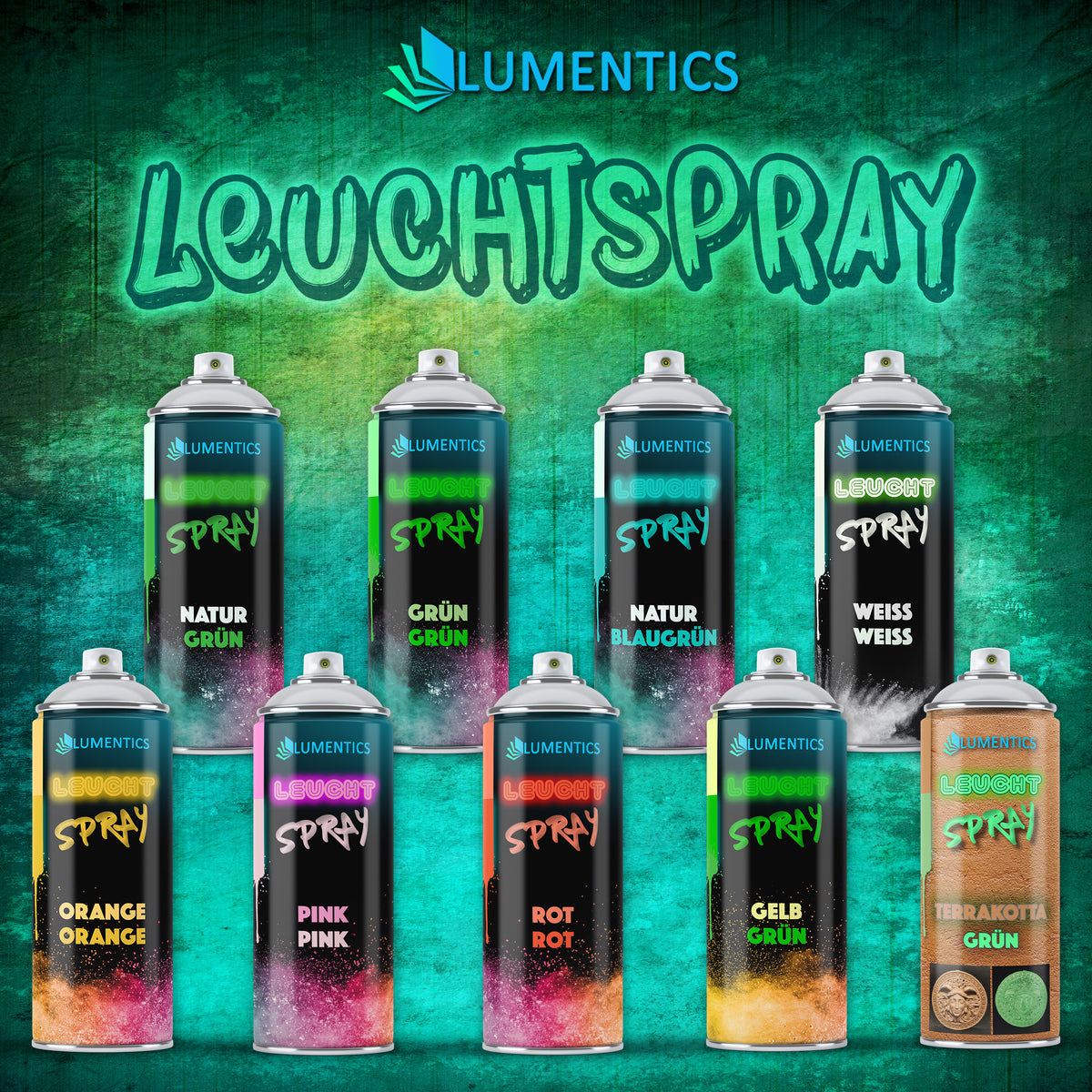 Nine glow spray cans in different colours side by side, including Natural Green, White-White, Pink-Pink and Terracotta-Green