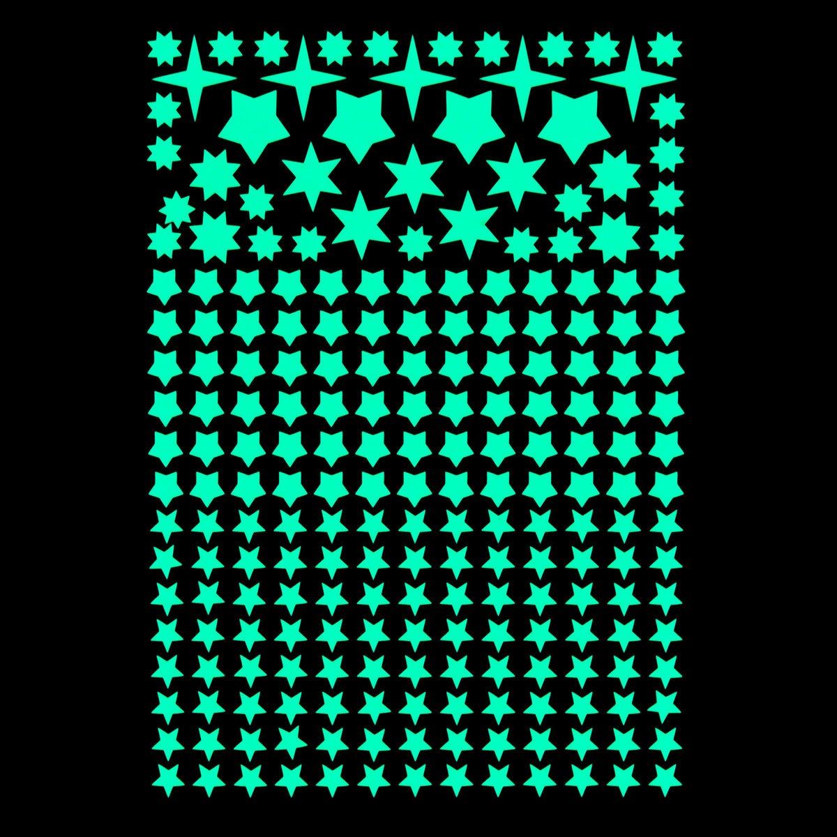 Glow Stars, 225 pieces on an A4 sheet, glowing green in the dark, stars in many sizes