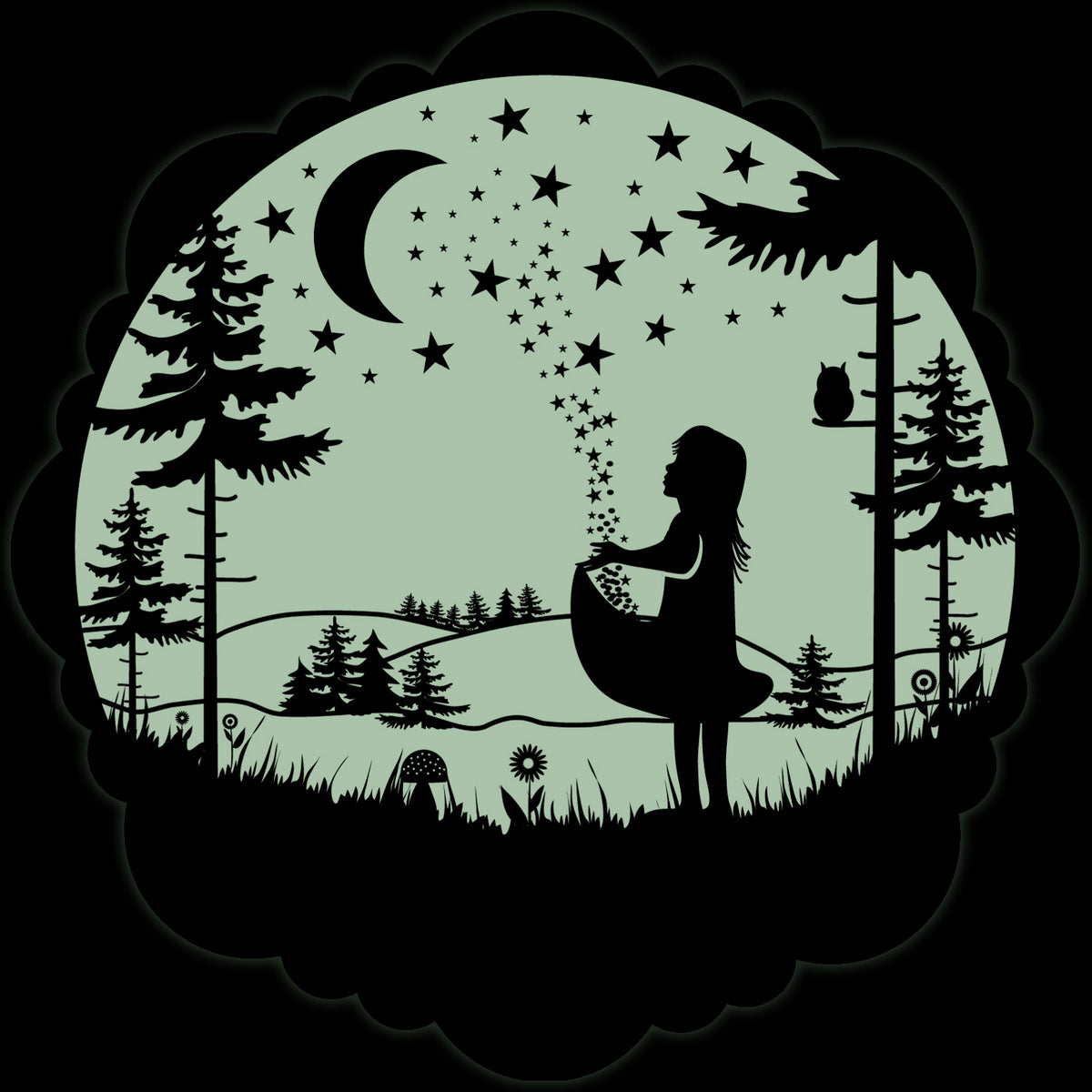 Fairy-tale sticker The Star Money 30 cm in the dark: silhouette of a girl, stars, moon and owl glowing pale