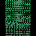 Glow in the dark stickers letters and numbers, A4 sheet with capital letters, digits and punctuation marks in green on a black background