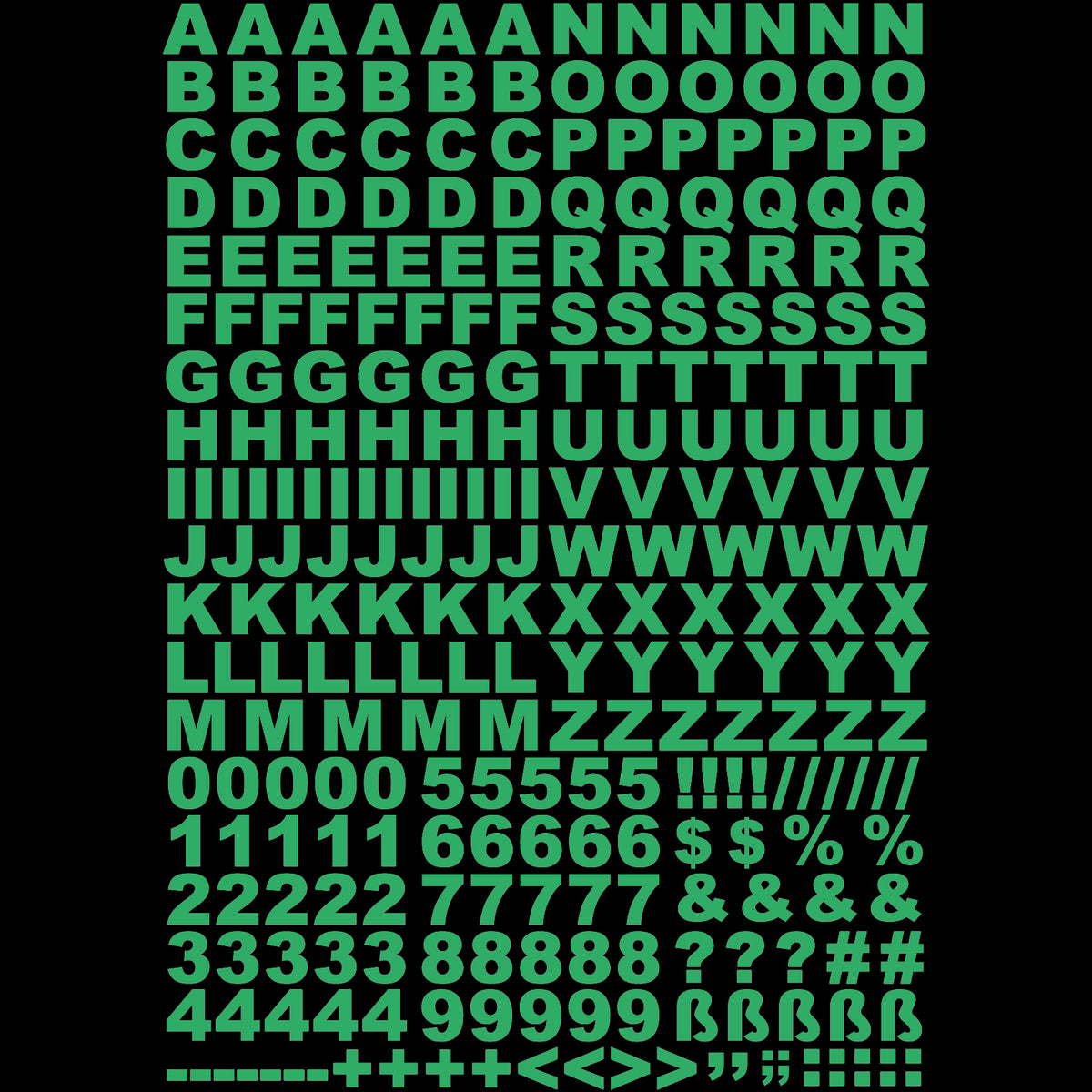 Glow in the dark stickers letters and numbers, A4 sheet with capital letters, digits and punctuation marks in green on a black background