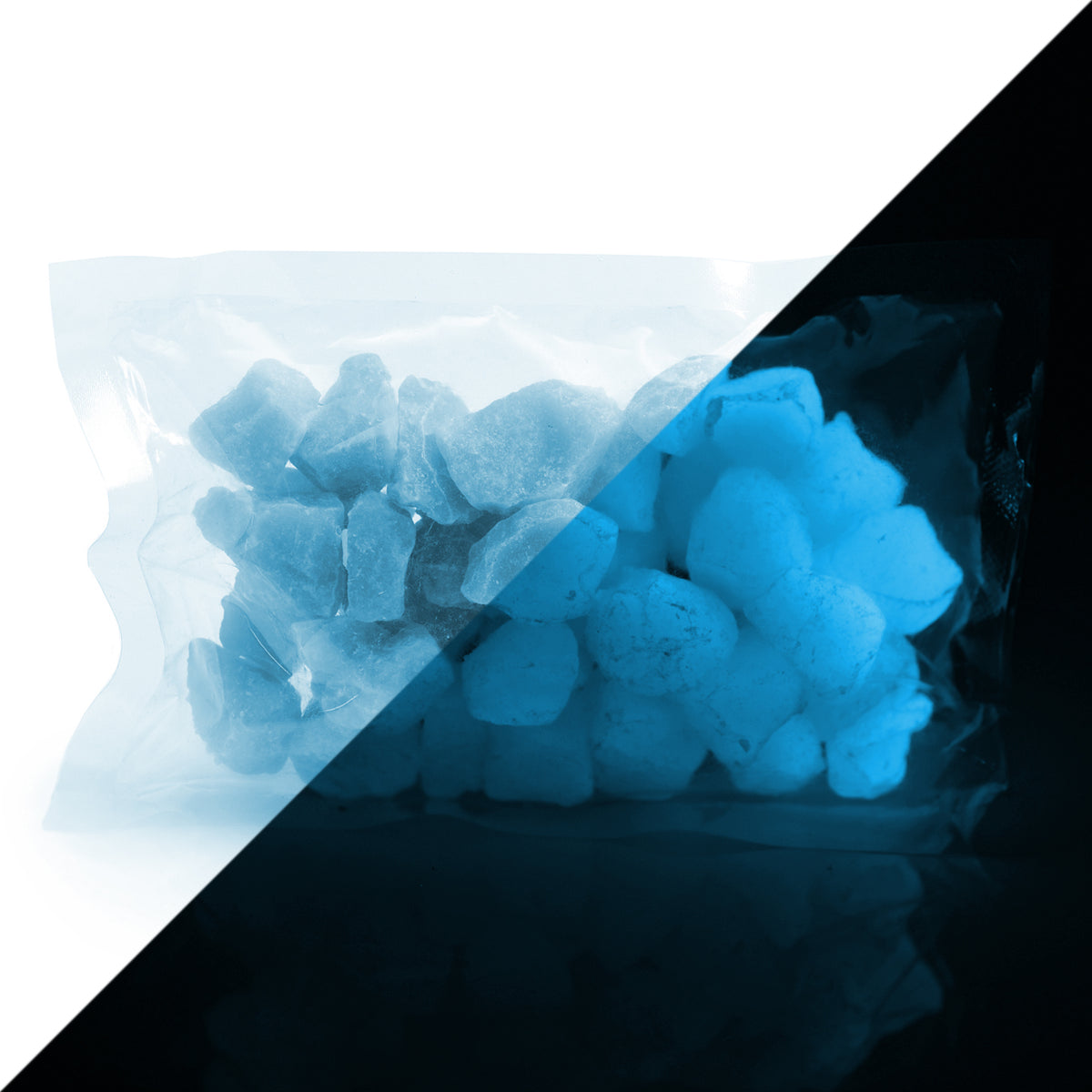 Glow Stones Blue 300 g: bag of stones light blue by day, glowing blue in the dark (split view)