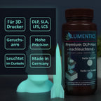 3D Printing Resin Green-Blue 500 g with printed rocket and moai models, graphic listing printer types and features