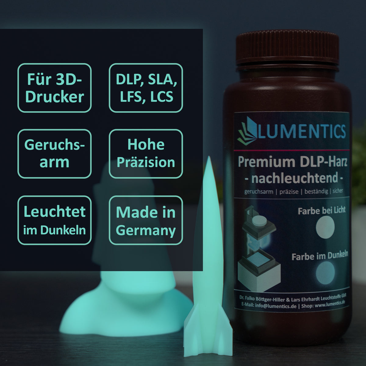 3D Printing Resin Green-Blue 500 g with printed rocket and moai models, graphic listing printer types and features