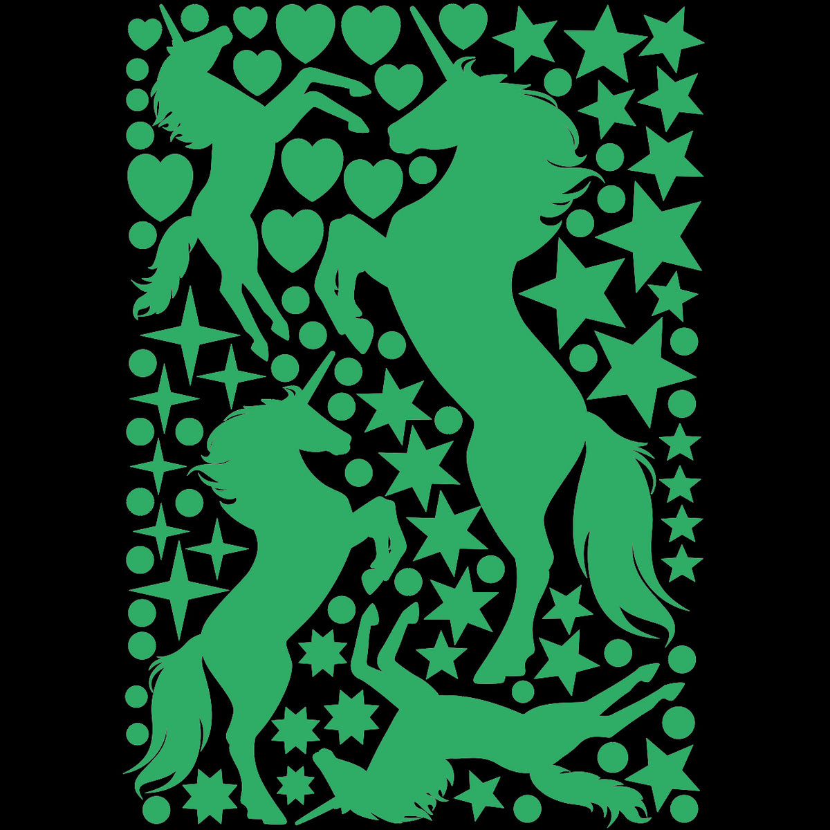 Glow in the Dark Stickers Unicorn, A4 sheet: unicorns, hearts, stars and dots, glowing green in the dark