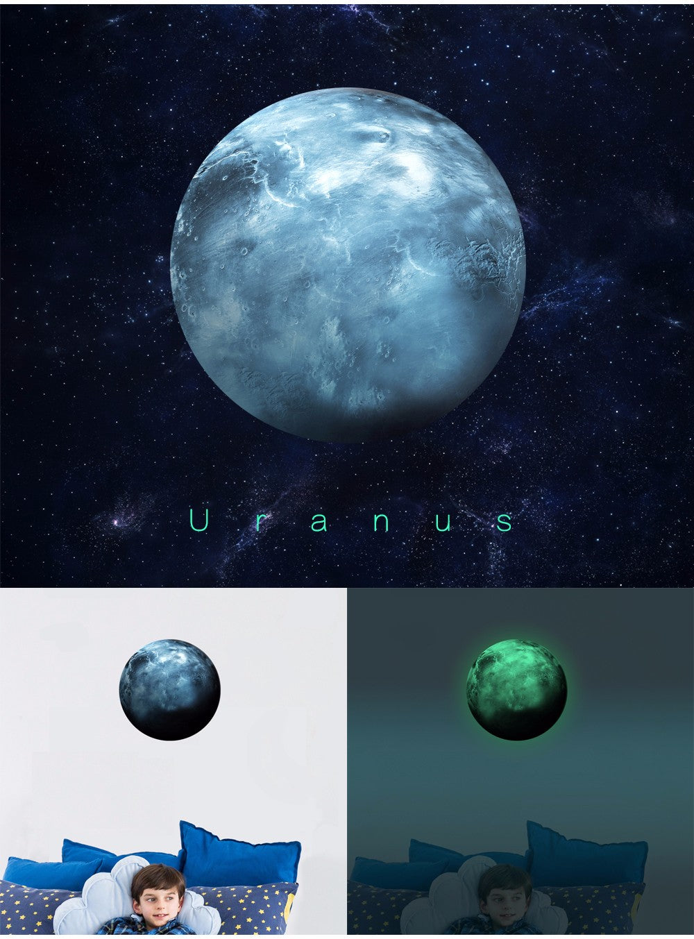 Planet sticker Uranus 30 cm above a child's bed, in light on the left, glowing green in the dark on the right