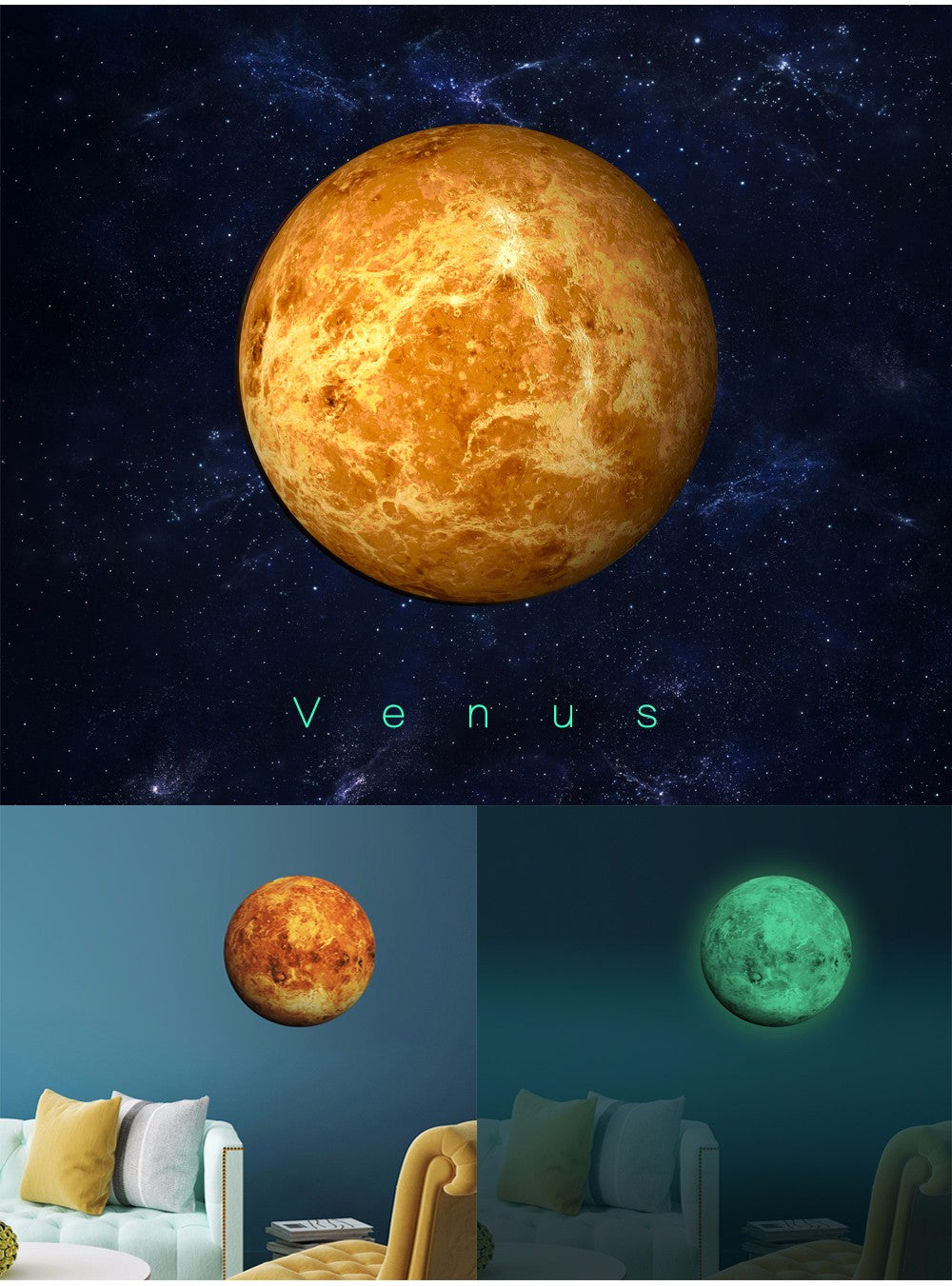 Planet Sticker Venus 30 cm: collage of the design and a wall above a sofa, by day and in the dark